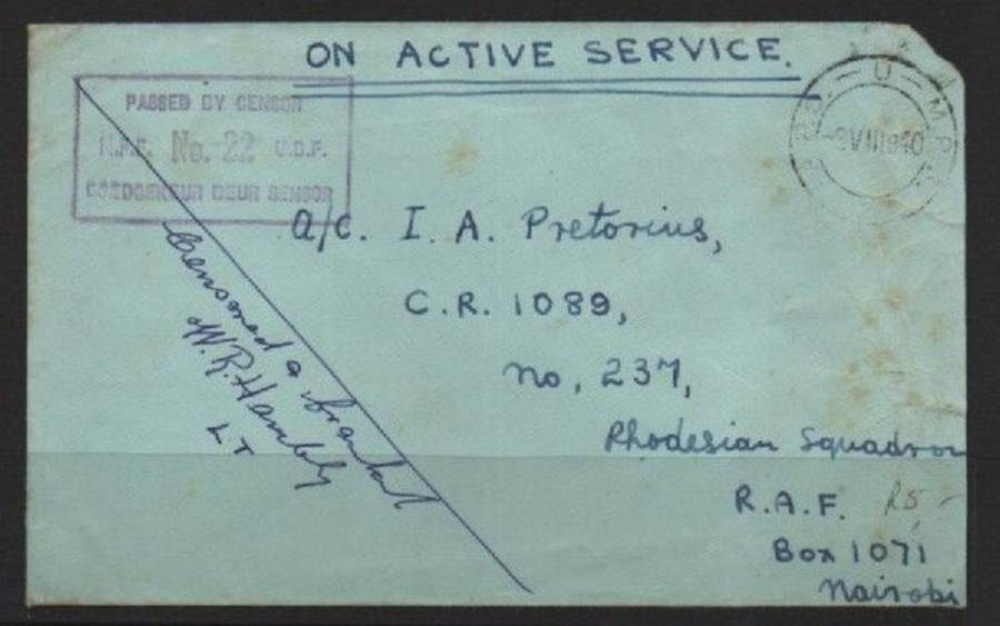 S Africa, OAS WWII , A.P.O. - U- M.P.K 2 8 VIII 40 c.d.s.> Rhodesian Squadron RAF, Nairobi, UDF Cens