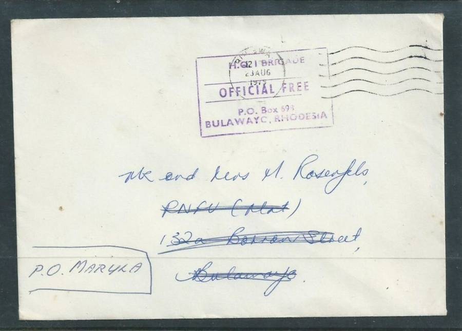 Rhodesia,, H.Q. 1 BRIGADE P.O. BOX 593 BULAWAYO RHODESIA OFFICIAL FREE, CAUSEWAY 23 AUG 75 , c.d.s.