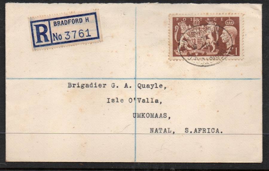 Great Britain GVIR high value £1 registered first day BRADFORD 3 MY 51 oval d.s.