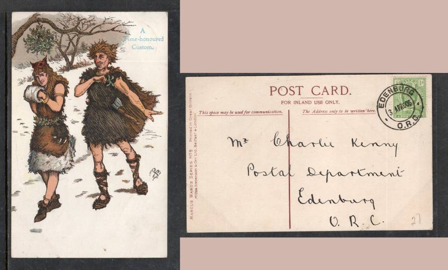 Marcus Ward`s N08, mistletoe, rustic boy and girls, used EDENBURG O.R.C.3 APR O6