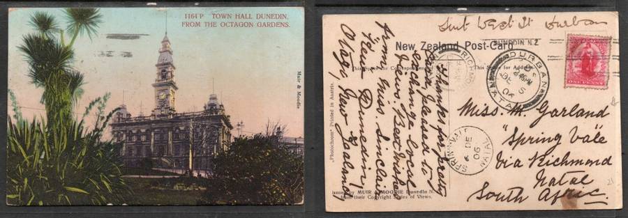 Town Hall Dunedin, used 1d, DUNEDIN NO 5 06> SPRINGVALE NATAL, transits DURBAN, RICHMOND