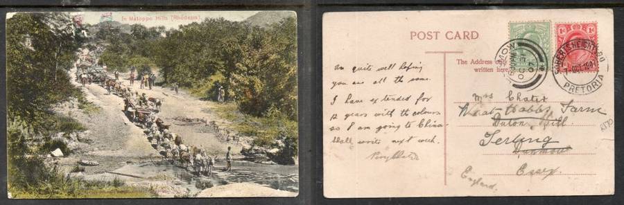 PPC, 1d Transvaal, ROBERTS HEIGHTS PRETORIA 7 OCT 1907 > UK, redirected from DUNMOW OC 31 07 GB 1/2d