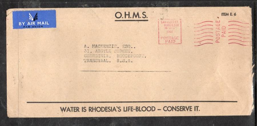 .Rhodesia, EIIR, Official, used  SALISBURY 16 AUG 1967 meter frank, Conserve Water motto