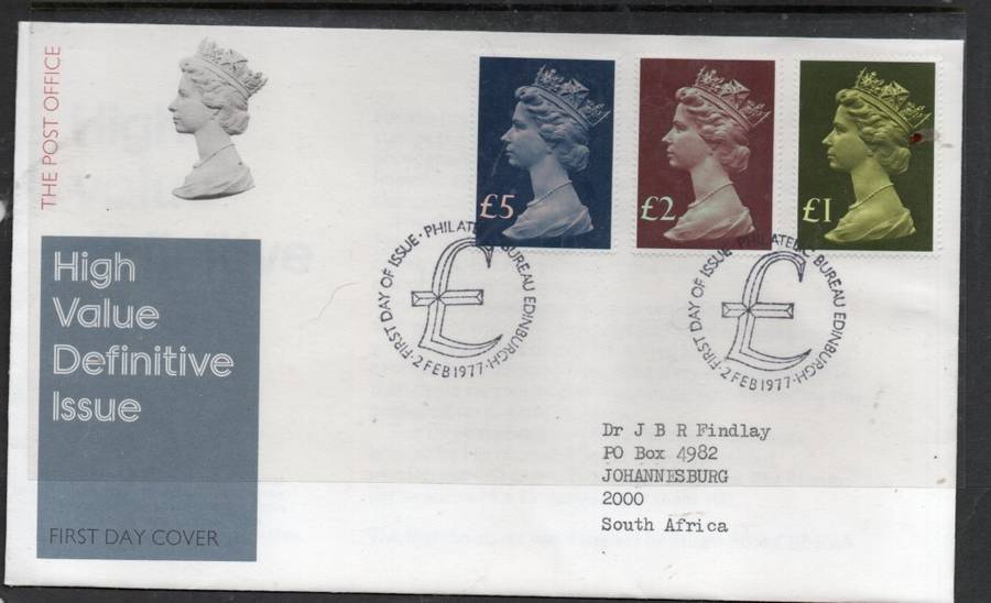 Great Britain EIIR FDC new definitives: 1977 £1, £2, £5 > S.Africa