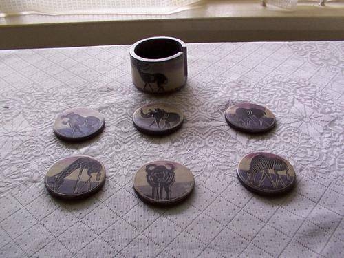 Drinks coasters. kenya, kisii, soapstone, zebra, buck, rhino, lion, buffalo, giraffe