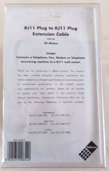 RJ11 Plug to RJ11 Plug Extension Cable - 20 meters