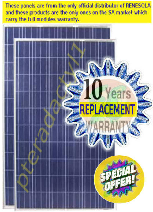 255w x 2 SOLAR PANEL POLYCRYSTALLINE RENESOLA VIRTUS II (36v made in SA) Special Bulk price