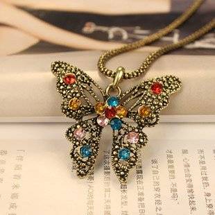 STUNNING ANTIQUE BRONZE CRYSTAL BUTTERFLY NECKLACE