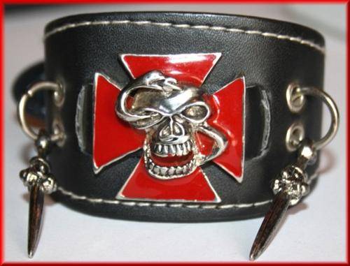 GO GAGA ~ JEWELLERY ~ **LEATHER WRISTBAND WITH CROSS & SKULL ~ DANGLING DAGGERS****
