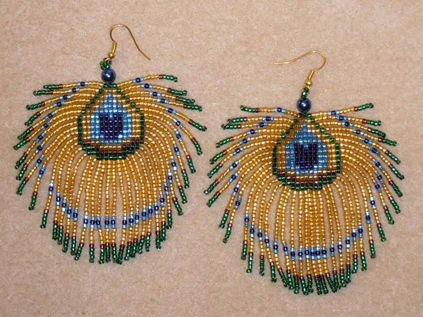 Handcrafted - Handmade - Beaded Peacock Feather Earrings - Please read description.