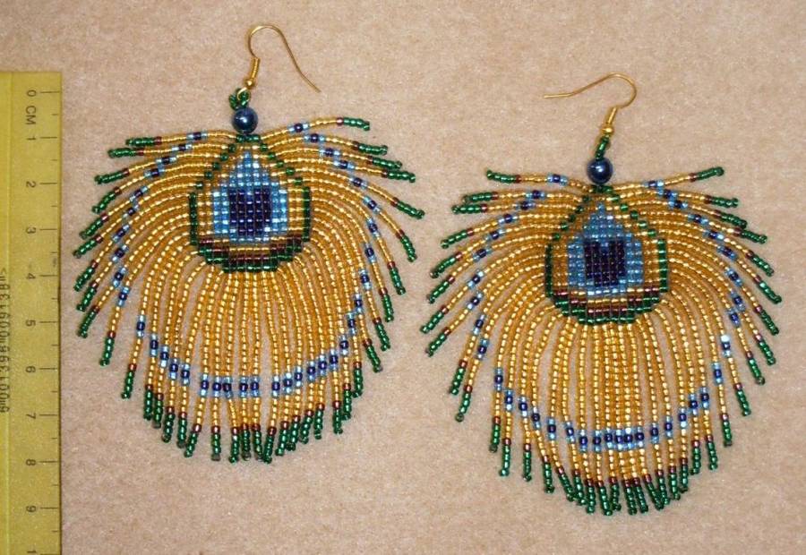 Handcrafted - Handmade - Beaded Peacock Feather Earrings - Please read description.