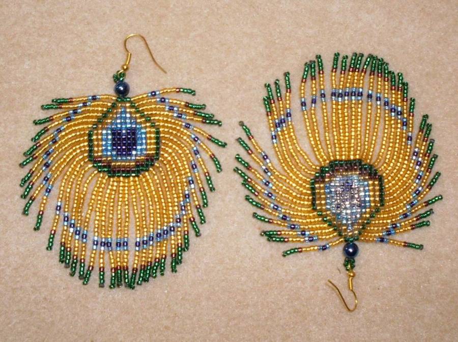 Handcrafted - Handmade - Beaded Peacock Feather Earrings - Please read description.