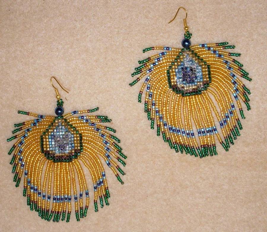 Handcrafted - Handmade - Beaded Peacock Feather Earrings - Please read description.