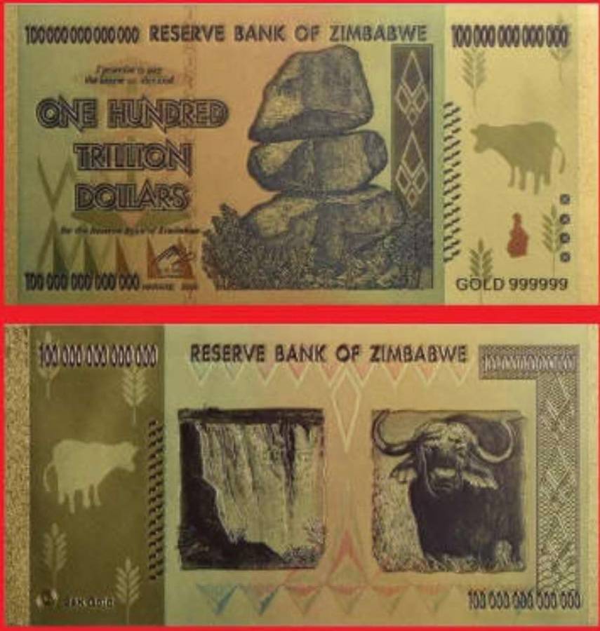 Zimbabwe 24k Gold Plated Replica of The Z$ 100 000 000 000 000, Banknote