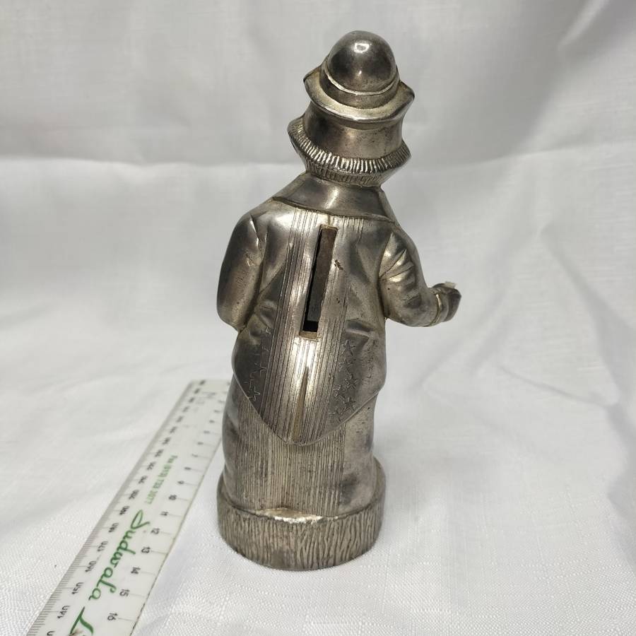 Metal Vintage Penny Piggy Bank Clown Silver Still!!!!