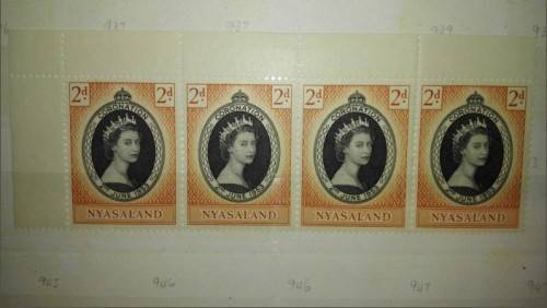 Strip of  4 coronation Nyasaland Mint MNH incl  margins  whole top corner of  sheet