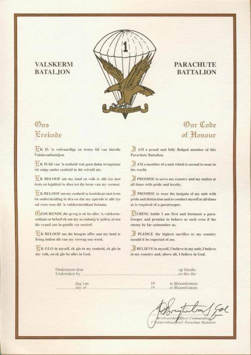Parachute Battalion Code Of Honour signed by Colonel Jan Breytenbach