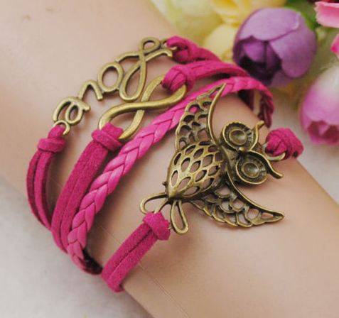 Infinity leather charm bracelet - Love owl