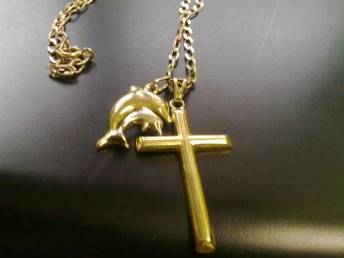 9ct gold CHAIN: 1+1 Figaro, 1mm, 60cm Plus 9ct gold CROSS & gold+silver Dolphin pendant