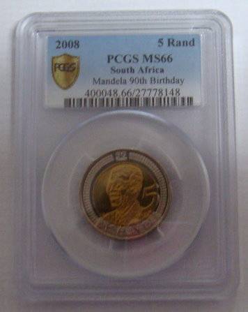 PCGS Secure Plus GRADED MS66 - MANDELA 90th BIRTHDAY 2008 R5 COIN