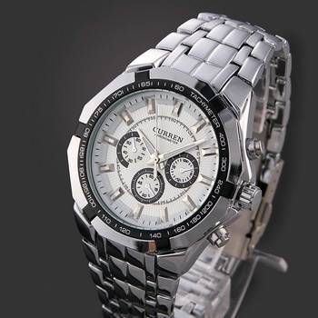 CURREN Traditional Stainless Steel Quartz Wrist Watch with Chain Band for Man Boy - White Dial