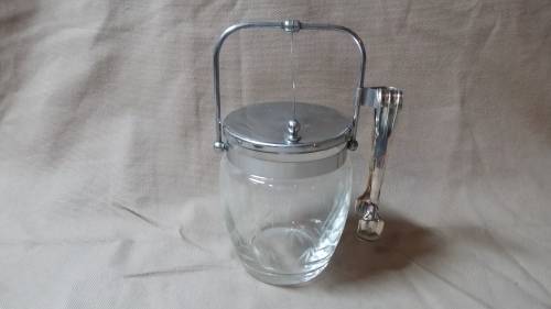 GLASS ICE BUCKET WITH SHERATON SILVER PLATED TONG
