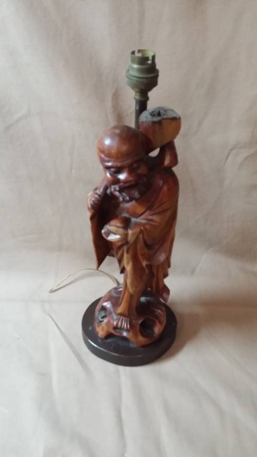 SOLID WOODEN CARVED STATUE ORIENTAL LAMP