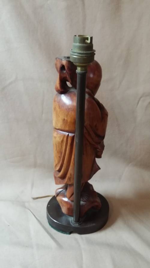 SOLID WOODEN CARVED STATUE ORIENTAL LAMP