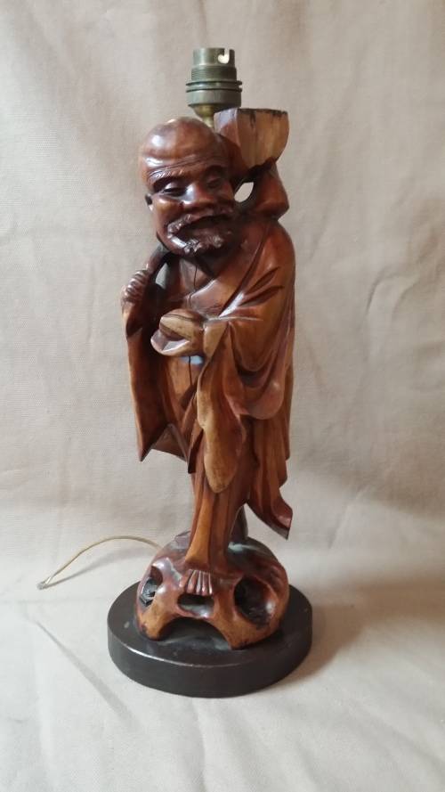 SOLID WOODEN CARVED STATUE ORIENTAL LAMP