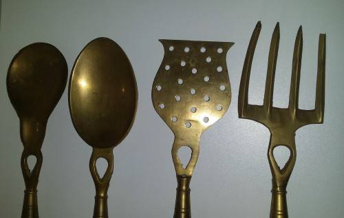 Set of Four Large 42 cm Country kitchen Brass and Wood Utensils / Decor