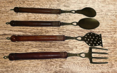Set of Four Large 42 cm Country kitchen Brass and Wood Utensils / Decor