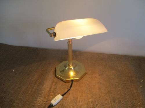 Stylish And Classic Vintage Illumina Model ITL -724 - L Bankers Brass Table Lamp With White Glass