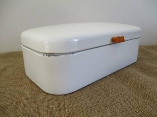 A Beautiful Vintage Enamel Bread Bin With Brass Hinges And With Breather Holes