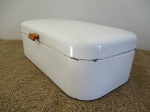 A Beautiful Vintage Enamel Bread Bin With Brass Hinges And With Breather Holes