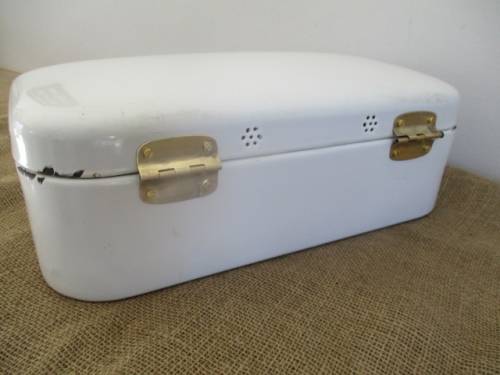 A Beautiful Vintage Enamel Bread Bin With Brass Hinges And With Breather Holes