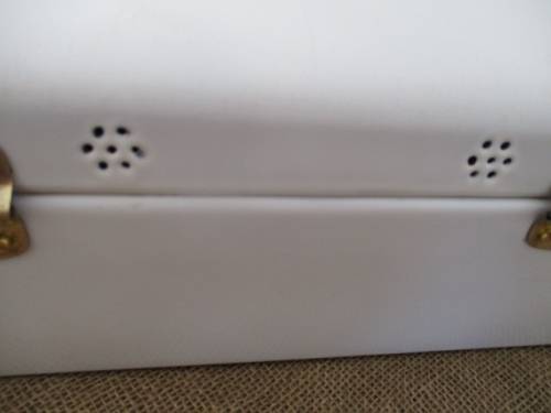A Beautiful Vintage Enamel Bread Bin With Brass Hinges And With Breather Holes