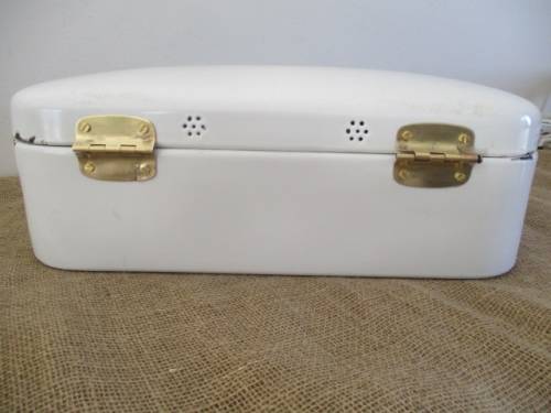 A Beautiful Vintage Enamel Bread Bin With Brass Hinges And With Breather Holes