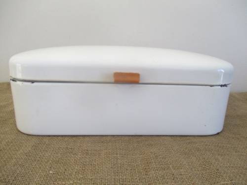 A Beautiful Vintage Enamel Bread Bin With Brass Hinges And With Breather Holes