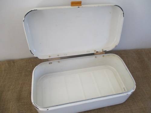 A Beautiful Vintage Enamel Bread Bin With Brass Hinges And With Breather Holes