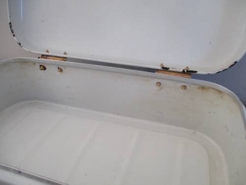A Beautiful Vintage Enamel Bread Bin With Brass Hinges And With Breather Holes