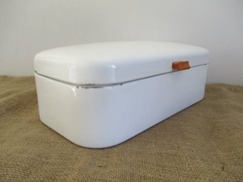 A Beautiful Vintage Enamel Bread Bin With Brass Hinges And With Breather Holes