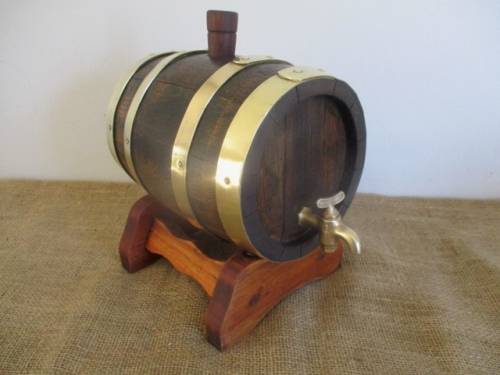 Smaller Size Of The Real McCoy.......Cute Vintage Oak Wine Barrel With Brass Tap And Brass Straps