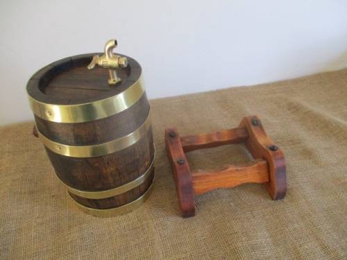 Smaller Size Of The Real McCoy.......Cute Vintage Oak Wine Barrel With Brass Tap And Brass Straps