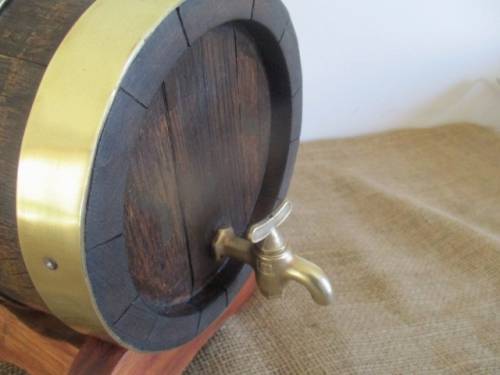 Smaller Size Of The Real McCoy.......Cute Vintage Oak Wine Barrel With Brass Tap And Brass Straps