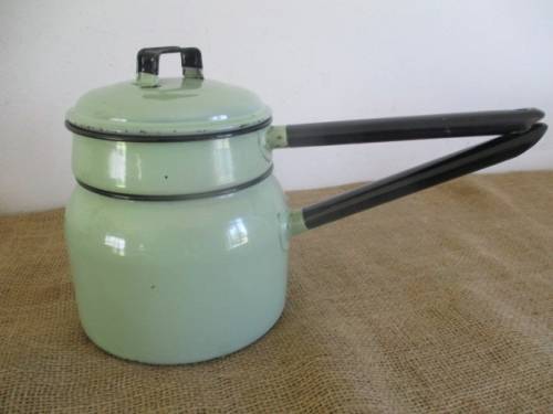 Lovely Vintage Old Fashioned Enamel Double Boiler In Rare Green Colour