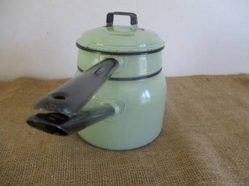 Lovely Vintage Old Fashioned Enamel Double Boiler In Rare Green Colour