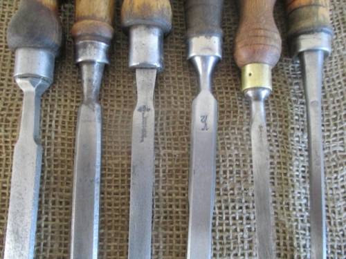 Beautiful Collection Of Six Vintage Carpenter Woodworking Chisels