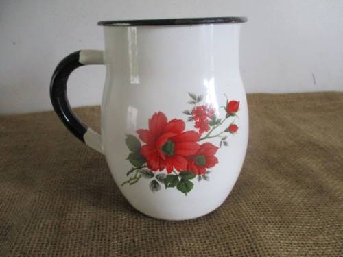 Beautiful Vintage Old Fashioned Enamel Jug With Lovely Floral Decorations