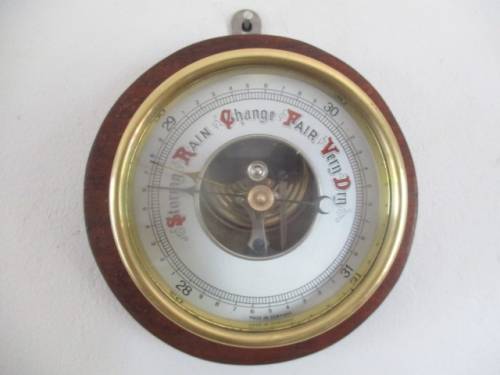 Beautiful Vintage German Made Brass & Wood Wall Hanging Weather Barometer