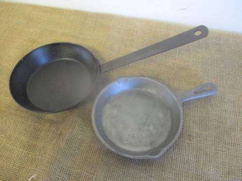 For The Campers.... Taiwan 160 mm Cast Iron Skillet And Rare Hendlers 180mm Steel Skillet